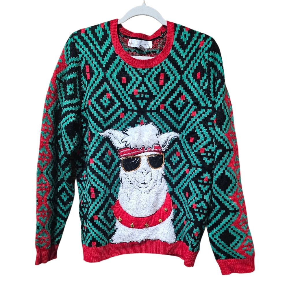 Jolly‎ Sweaters Ugly Christmas Llama Sweater Sunglasses Bells Holiday Large